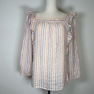 CHAPS Square Neck Striped Peasant Blouse Cotton Linen Blend Women’s Size Medium